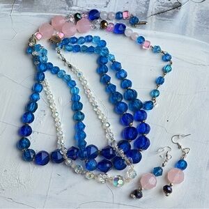 W. Germany VTG Blue Beads OOAK Assemblage Art Necklace Set Repurposed Handmade